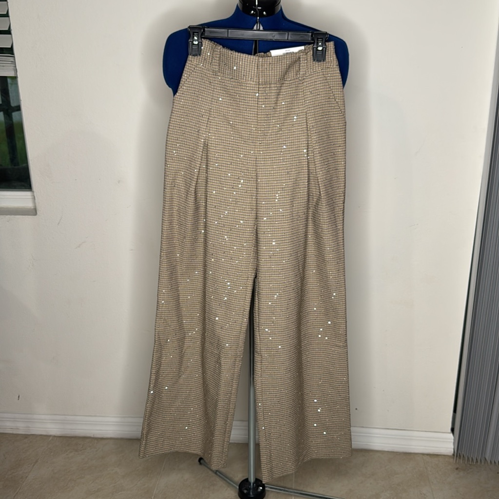 On 34th Tan Checkered Dress Pants High Rise Wide Leg Pockets Size Xxs